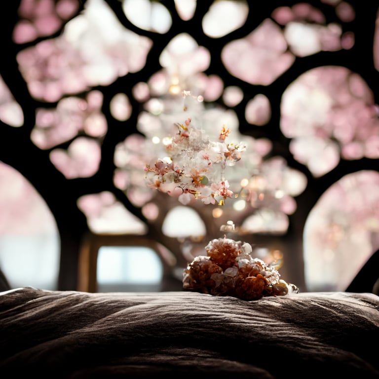 prompthunt: beautiful day bed, beside a large ornate window. View of a  Japanese cherry blossom tree. Very detailed. Pretty Chandelier. Opalescent  shimmer. Fluffy pillows, calm. Serene and dreamlike. 4k. 16:9