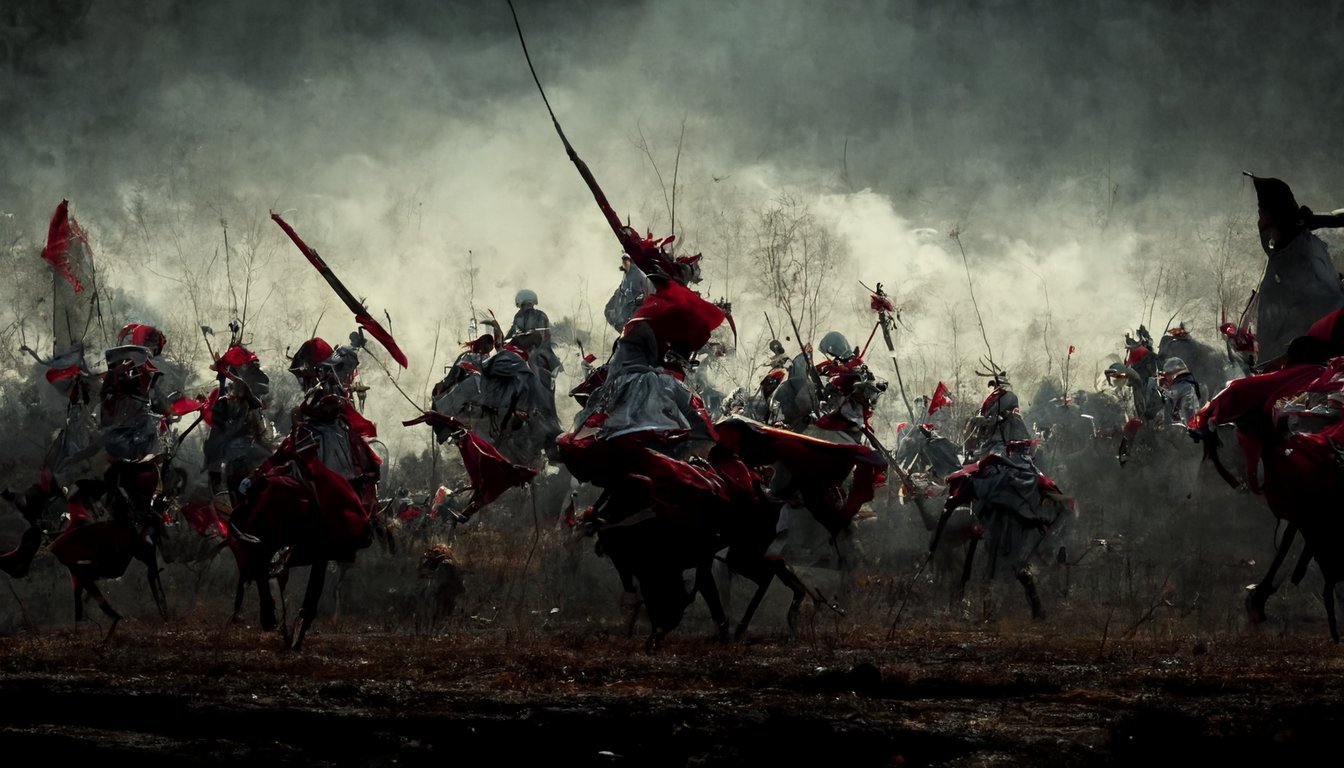 medieval warfare winged hussars charge at infantry, cinematic