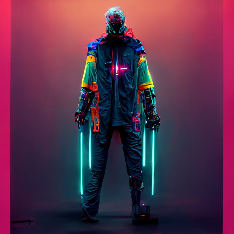 Portrait of a men in a futuristic cyberpunk style in neon clothes. A  high-tech man