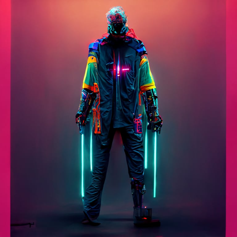 prompthunt: character design, cyberpunk man in colorful clothing, full