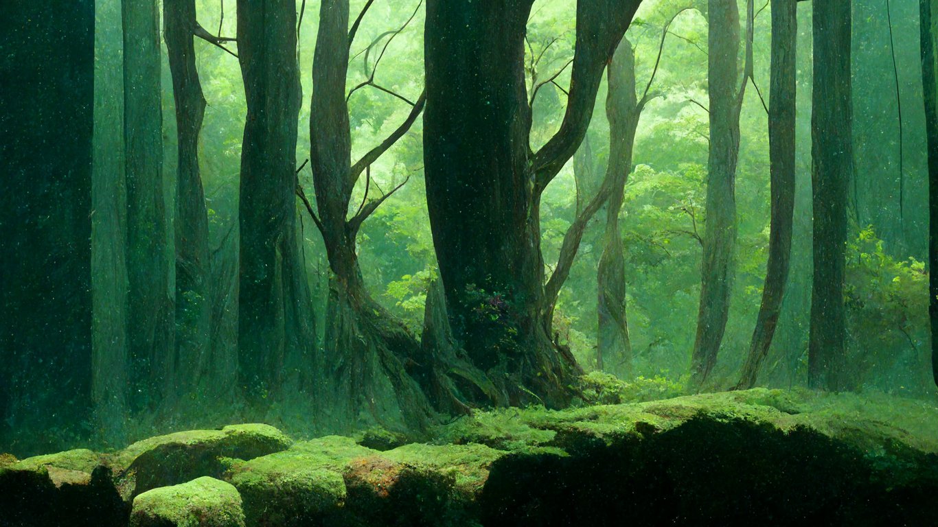 a tiny river. inside a dark mysterious ancient Japanese forest, Ghibli, oga kazuo, princess mononoke, huge roots coming towards viewer, tree trunks. Lush green, verdant, misty, mysterious . Cinematic grade. Film scene in a forest. Cinema.