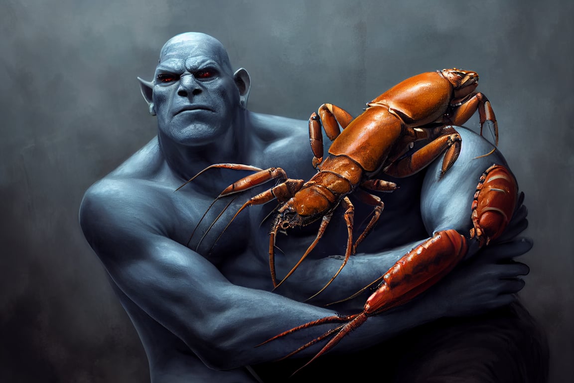 prompthunt: full-length portrait, pale blue skin with aquatic runes and  scars covering it , inhumanly tall and brutal looking half orc male hugging  a human sized lobster man