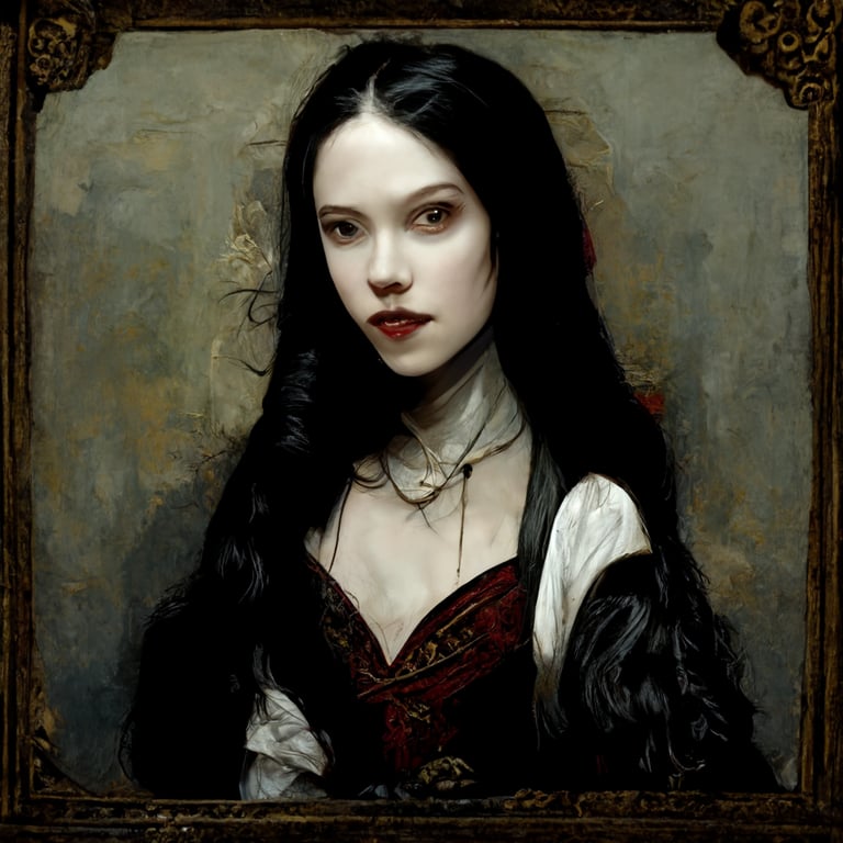 A Renaissance painting of an attractive female vampire with long black hair and pale white skin.