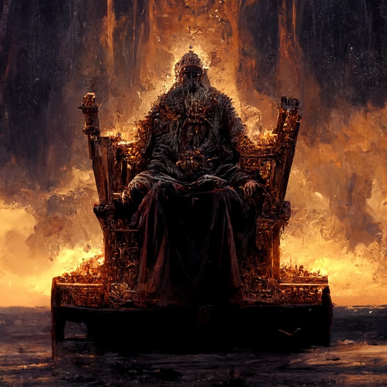 prompthunt viking king sitting on throne, background his destroyed kingdom