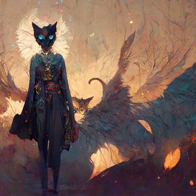 Cat skinny female catfolk warlock with sinister look, tabaxi, character design, demon wings, cool lighting scheme, by Hyung-tae Kim and Krenz Cushart and artgerm on artstation, d&d, dnd, dungeons and dragons
