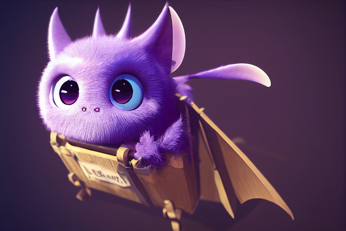 purple fluffy bat hiden between groceries in freezer, 8k, Kawaii, adorable eyes, Pixar style, dramatic lighting, pose, full body, 35mm, sharp, adventure, fantasy, Renderman, concept art, octane render, artgerm