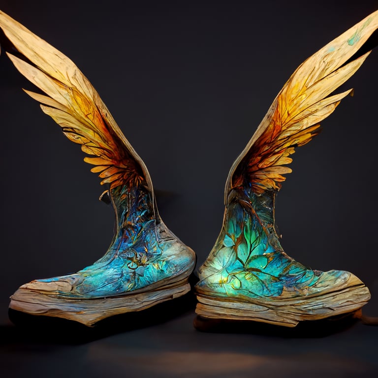 prompthunt: technical drawing of a ultrarealistic winged boots of flying,  and surrounded by wings, colorized, high fantasy, boot style, hyper  realism, detailed render, cinematic lighting, 8k