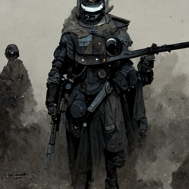 prompthunt: Prussian infantry holding a bolt-action rifle with a helmet,  facemask and trench coat, weird war 2, sci-fi, space fantasy, light dark  grey armor, hand drawn, manga, concept art