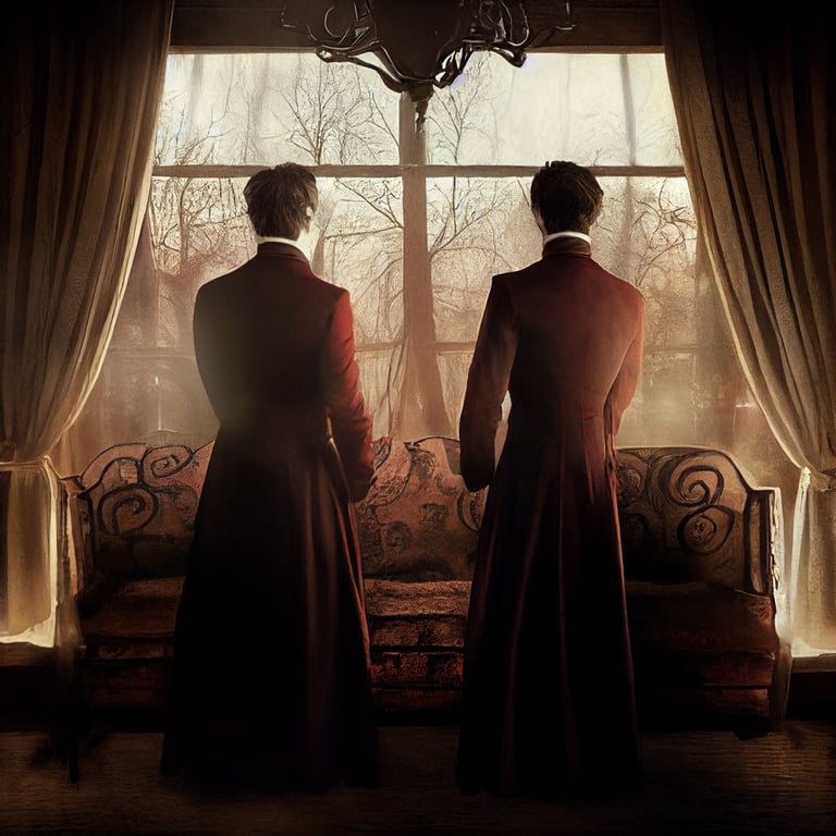 prompthunt: The Salvatore House, Both Damon and Stefan Salvatore, Standing  outdoor, in 1860s costumes,the Vampire Diaries ,realistic, 4k resolution