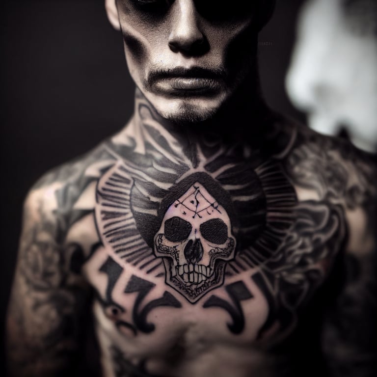prompthunt: handsome male, gothic, tattoos, skulls, masculine, attractive body, detailed, cinematic, ultra HD, 8k