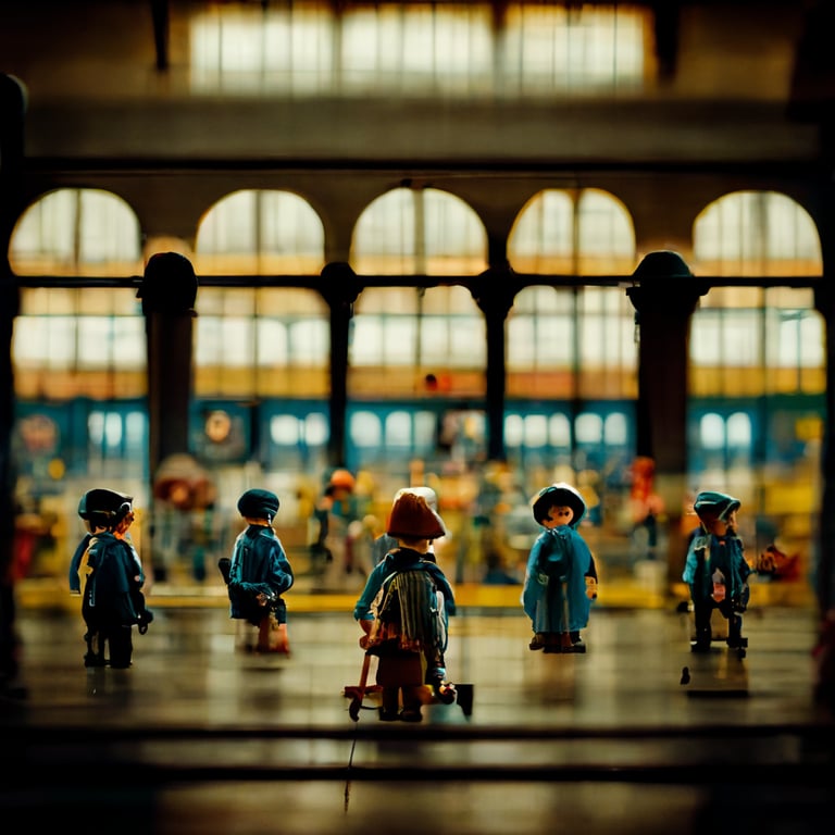 prompthunt: inside a big train station with Playmobil figurines instead of  humans, playmobil train, wagons, rails, decks, clocks, cinematic, f/11,  highly textured, highly intricate details