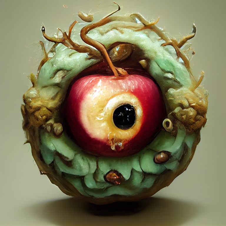 prompthunt rotten apple with worm coming out of it and eyeball in the