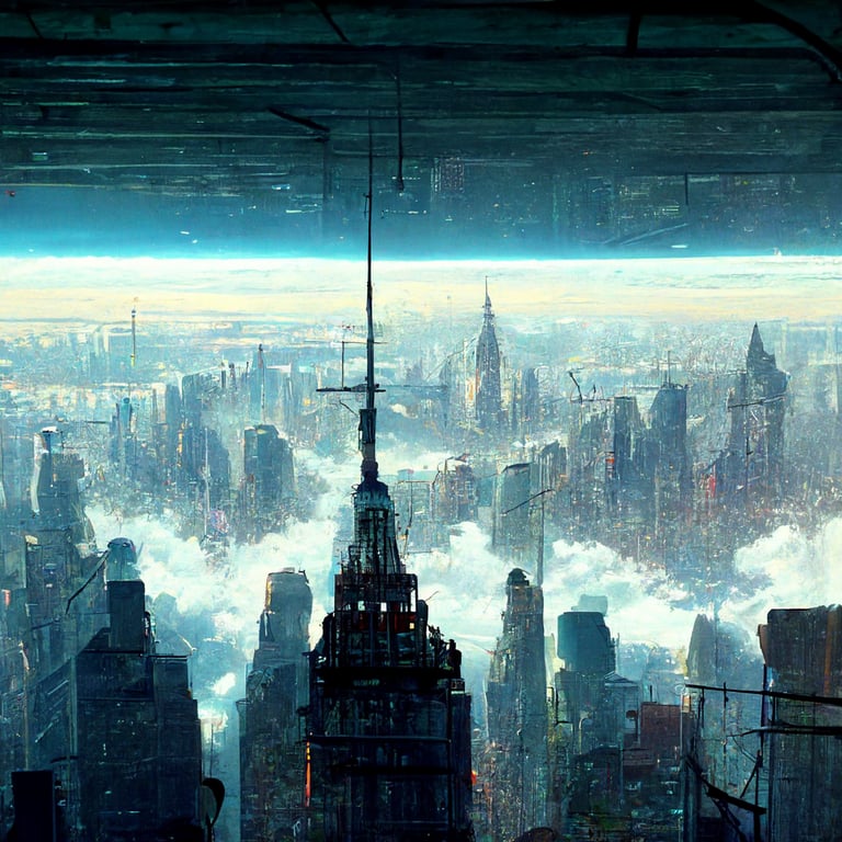 prompthunt: new york in 3000s, cyberpunk, point of view from the bottom,  look up to the sky, realistic