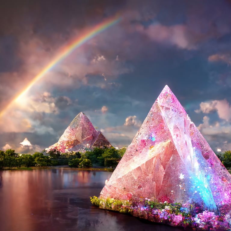 prompthunt: **Crystal clear shiny pyramids landscape rainbow light pastel  pink color cape whimsical light rainbow stars sparkle flowers forest  background hyper realistic Ultra quality cinematic lighting immense detail  Full hd render Well