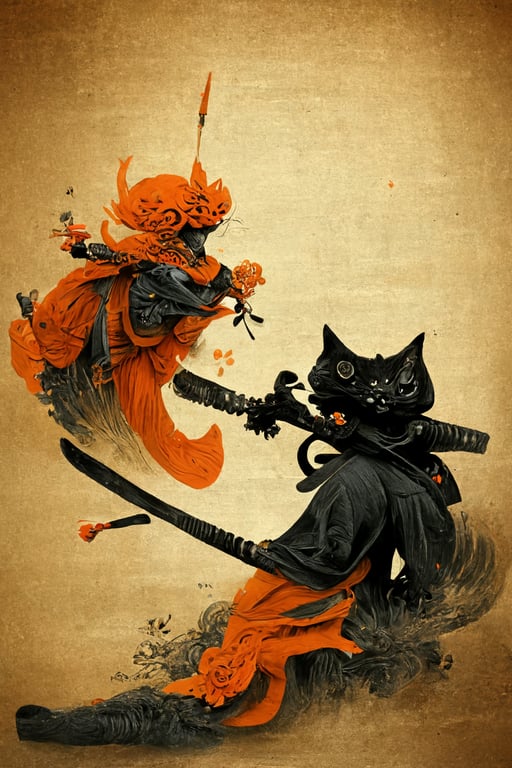 orange cat samurai fighting with black ninja girl cat