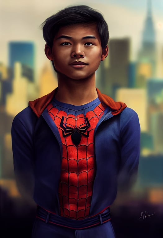 prompthunt: Spider Man without mask, but as a young Cambodian teenage male,  new york city background