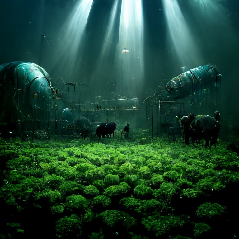 prompthunt: underwater livestock farm, underwater living, fish farm ...