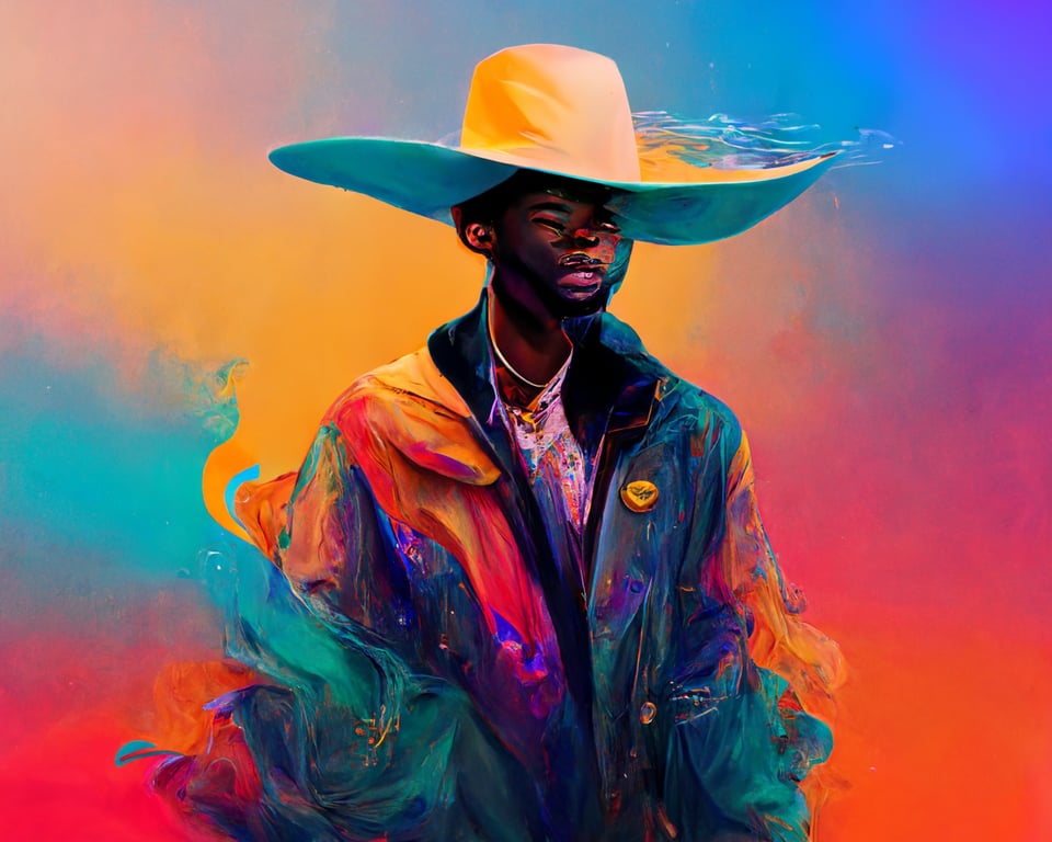 prompthunt: Lil Nas X, rapper, cowboy hat, in Jacuzzi, water splashes,  light leakes, album cover, colorful art