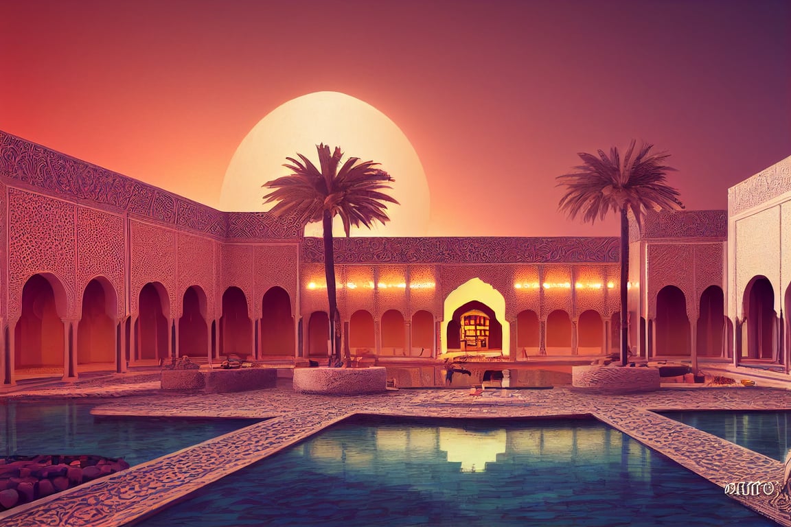 prompthunt: Fantasy concept showing a Namaskar palace, luxury hotel and spa  of Marrakech, Morocco. | digital art style, illustration painting ,  horizontal side view, skyline, hyperdetailed, fantasy environment, octane  render, photo realistic,