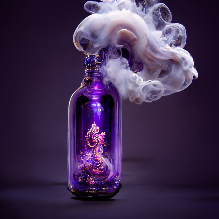 prompthunt: jeannie, genie bottle, purple smoke, uhd