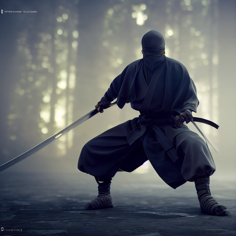 prompthunt: ninja in combat, weilding dual swords, full body, fighting,  detailed, hyper realistic, unreal engine, octane render, deatiled, 8k
