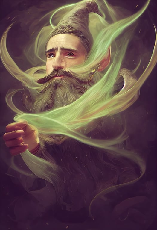portrait of a young Wyrd Gnome wizard with brown moustache brown beard and brown hair casting a powerful spell, ethereal and dreamlike background, portrait, D&D character, character concept, photography, photorealistic, highly detailed and intricate, twisting and swirling magical energy