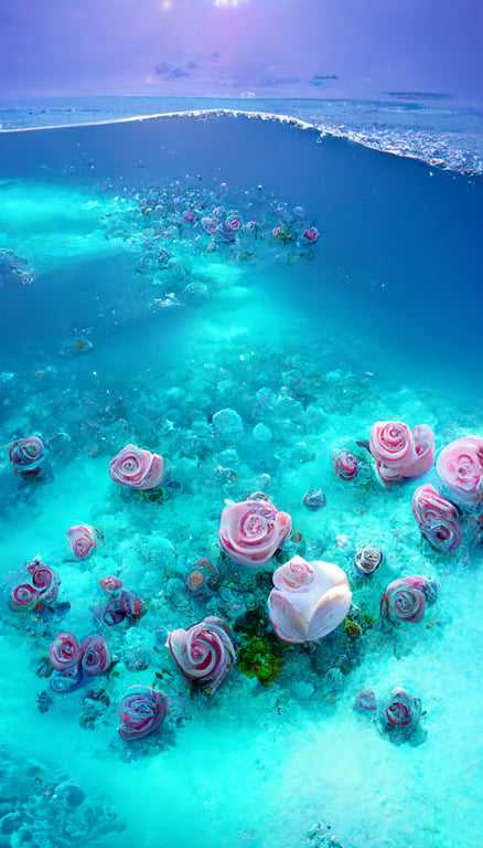 prompthunt: Blue ocean,blue sky,white beach of Maldives,pink,roses of  different sizes on the beach,blue roses, many tiny and colorful luminous  particles,illuminated by the Milky way,Arctic,tundra  and,iceberg,fantasy,high detail,beauty,8K,octane shading ...