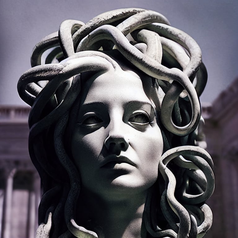 Medusa with the face of Nancy Pelosi+statues made of stone