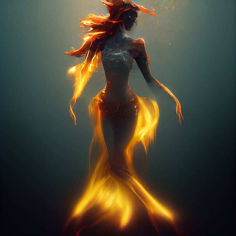 fire mermaid, under water, incandescent, dynamic pose, fashion photography, fantasy world, HD, magic light, highly detailed, unreal engine