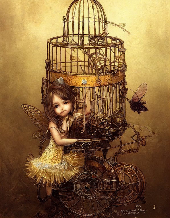 prompthunt: illustration of a tiny cute fairy girl trapped in a golden bird  cage, steampunk, cogwheels, by Jean-Baptiste Monge