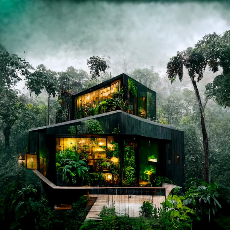 prompthunt: award winning jungle house design architecture contemprary, art  villa, airbnb, dark and gloomy, foggy jungle, dark green,realistic, 16k,