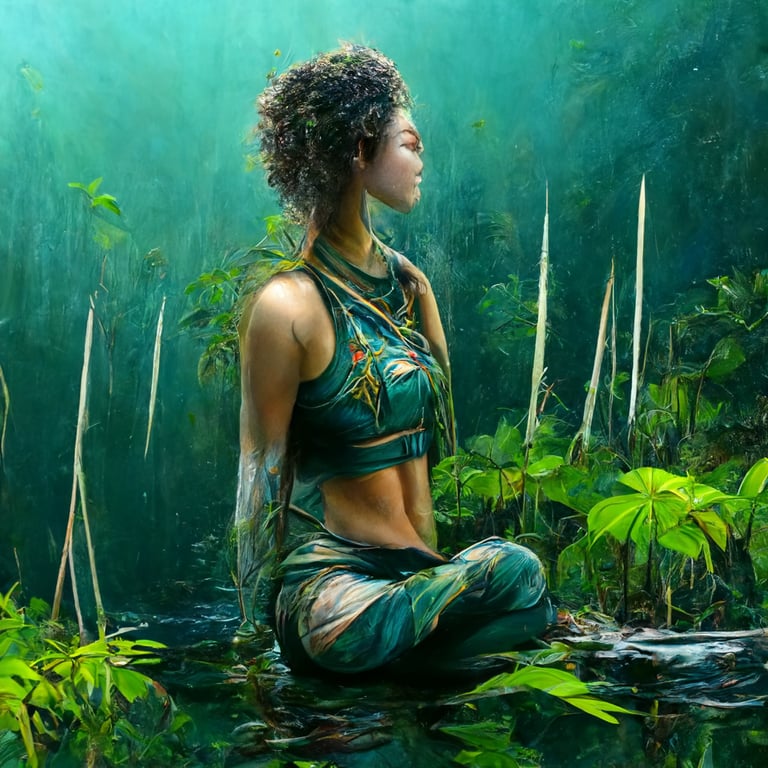 prompthunt: beautiful female warrior amazon, open legged kneeling  meditation, close up, fantasy, hover over pond with waterfall,high mirror  same symmetry, reflection in pond, deep dark green blue Jungle, Jungle with  big leefs,Airbrush