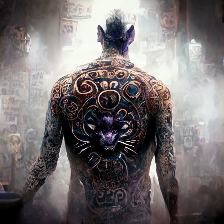 prompthunt: highly detailed 5k cinematic style image of a tattooed man standing in a tattoo parlor, view from behind, man has a full back tattoo of a roaring panther, vivid details, smokey