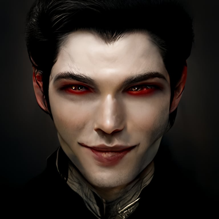 headshot of an elegant pale skinned dhampir vampire man, regal, short dark hair, light brown eyes with red tinge, wicked smile, sharp teeth, 4K, Hyper Realistic