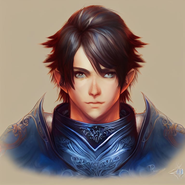 handsome male hyur paladin portrait, Final Fantasy XIV, light brown combed hairstyle, blue eyes,