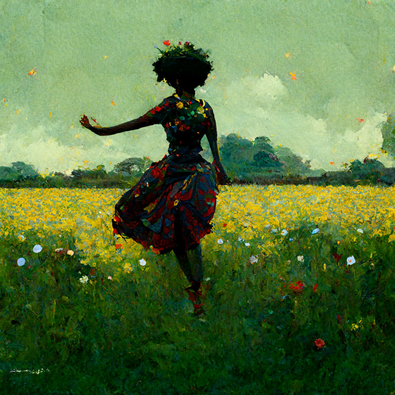 Girl Dancing In Field Of Flowers