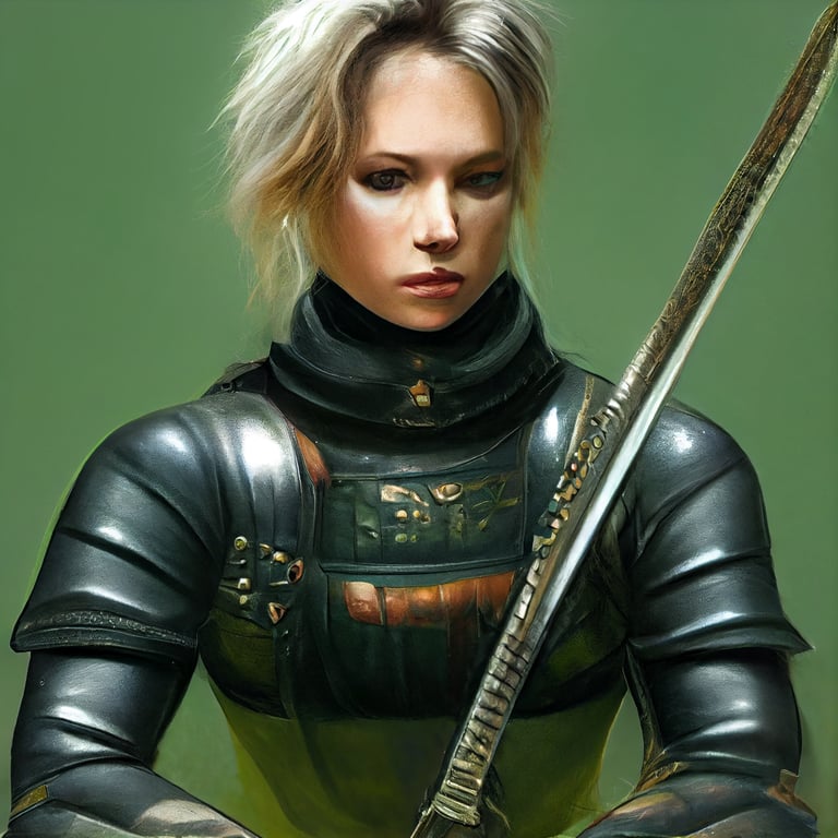 prompthunt female swordsman wearing leather armor. She has blonde hair