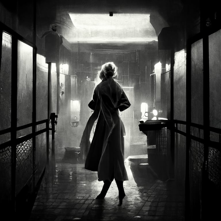 prompthunt: A blonde femme fatale in a bathrobe stands in a dimly lit  hallway. Film noir atmosphere. Volumetric Lighting