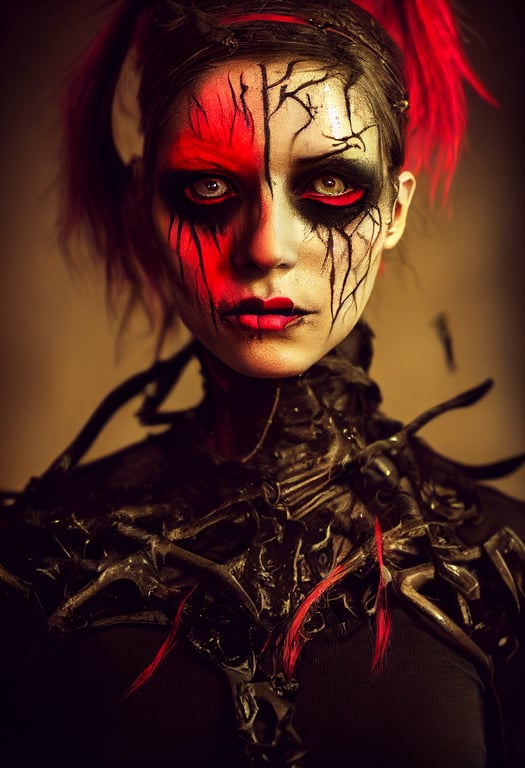 prompthunt: a techno urban ninja post-apocalyptic witch fashion girl with  FX makeup and red pupil, 3/4 composition, red green black yellow Color  lighting and shadows, photo realistic, intricate detail, cinematic light, 8k