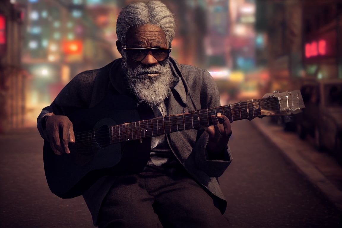 prompthunt: African American 1940s blues musician playing guitar in a  cyberpunk city, old man, grey beard, grey hair, dirty, homeless sad,  acoustic guitar, 8k, 8k UHD, highly detailed, realistic, detailed face,  unreal