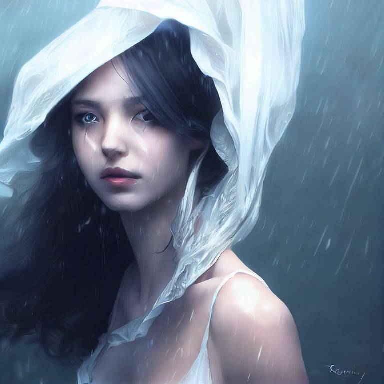 prompthunt: woman in white dress, storming, sheer wet dress, darker  lighting, windswept hair, art by wlop, by rosstran, by krenz cushart, 4k