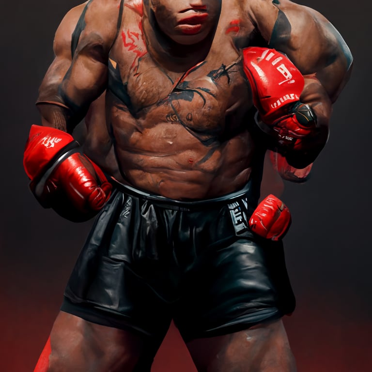 prompthunt: A portrait of young Mike Tyson throwing a right hook with his  red boxing gloves on and his powerful physique, wearing his all black short  shorts, in hyperrealistic 8K.