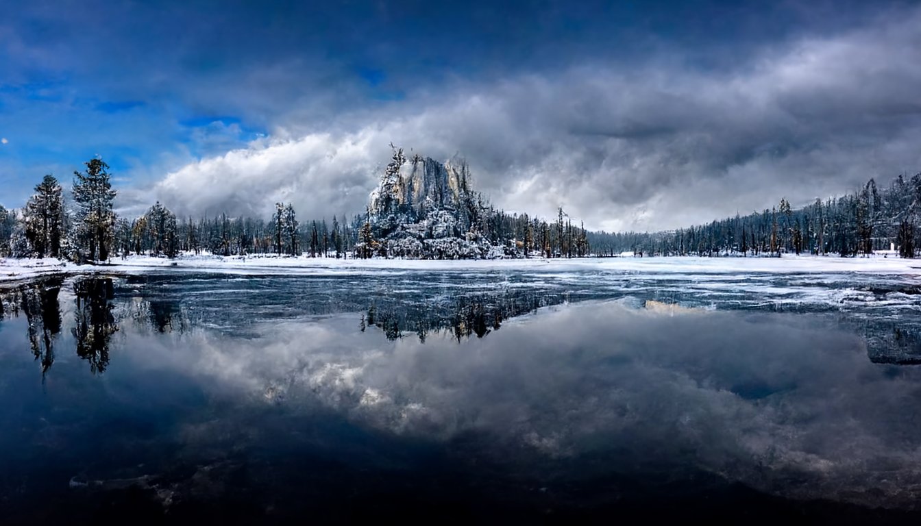 prompthunt: ansel adams style, el capitan, clear cold lake, frozen winter  trees, storm clouds, reflective, dreamy, very detailed, 8k,