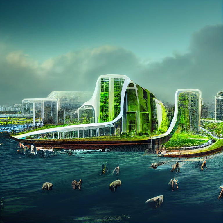prompthunt: futuristic urbanist coastal city with multimodal transit and  green infrastructure with wild animals