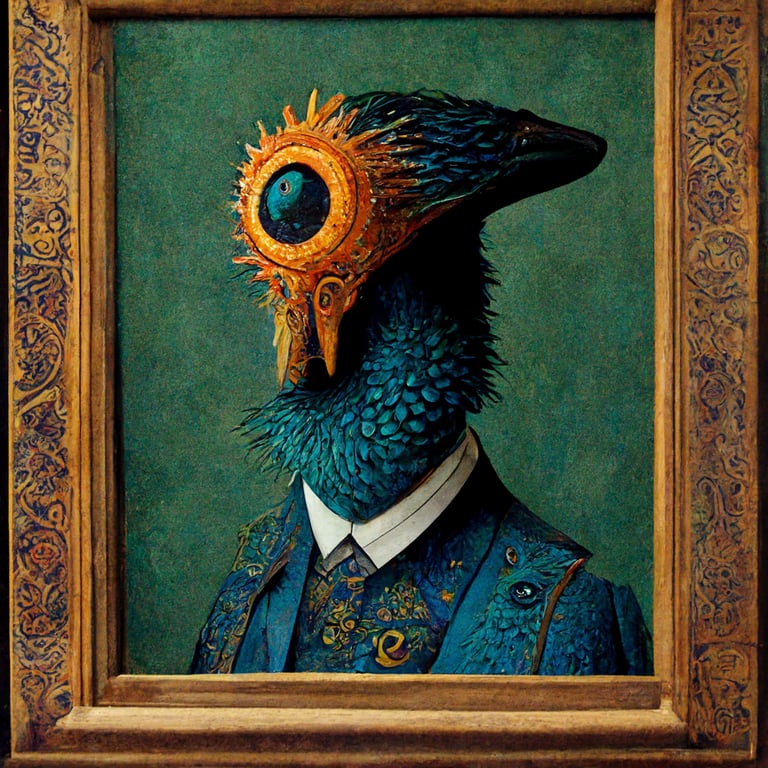 prompthunt a surrealist painting of a medieval peacock gentleman