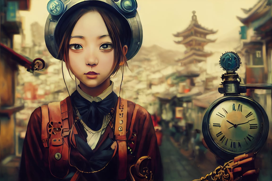 wide angle,Jiufen Taiwan,steampunk,anime girl wearing steampunk goggles is standing,painting by Higashi,Studio Ghibli,quality 8K