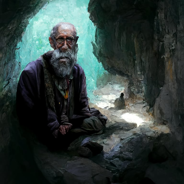 concept art of an old hermit man that has lived his entire life in a cave, dark hair, beard, old, frail, blind, high fantasy, digital painting