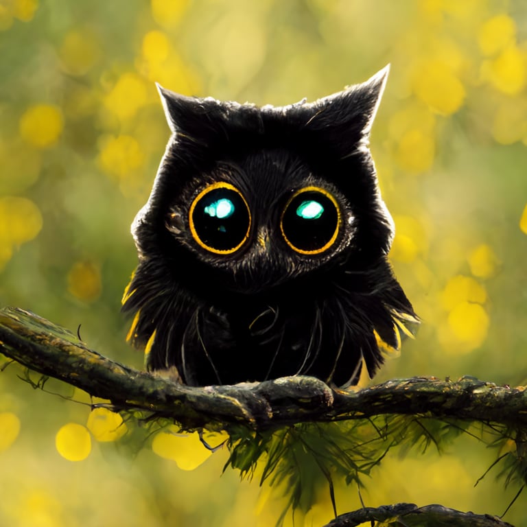 prompthunt: a cute owl sitting on a branch, yellow eyes with black pupils,  forest background