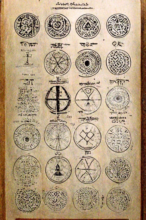 prompthunt: enochian magic circle sigils, ancient book page, ink  illustration, extremely detailed, esoteric, occult