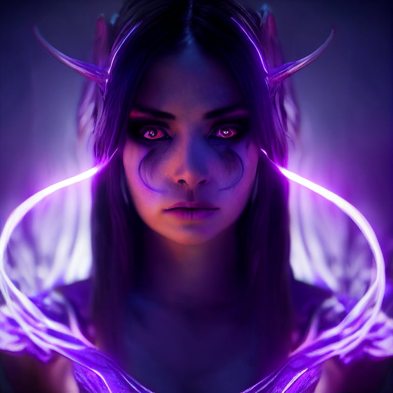 dark goddess Mithrine Corith with purple magic void trail, fantasy, face showing, glowing eyes, beautiful, photograph, cinematic lighting, realistic, ultra realistic, unreal engine 5, octane render, quality lighting, cinematic, high resolution